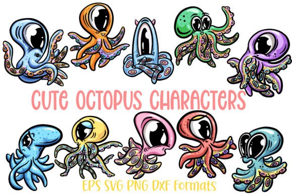 10 Cute Octopus SVG PNG Cartoon Sticker Set for Creators