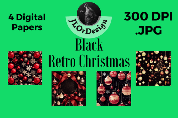 Black Retro Christmas Digital Papers: Vintage Holiday Design Assets