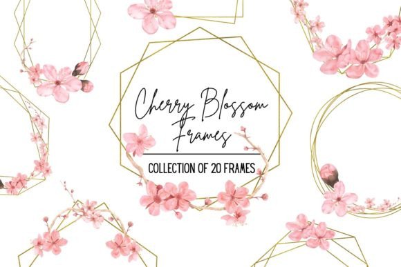 Gold Frames with Cherry Blossom: Elegant Design Assets