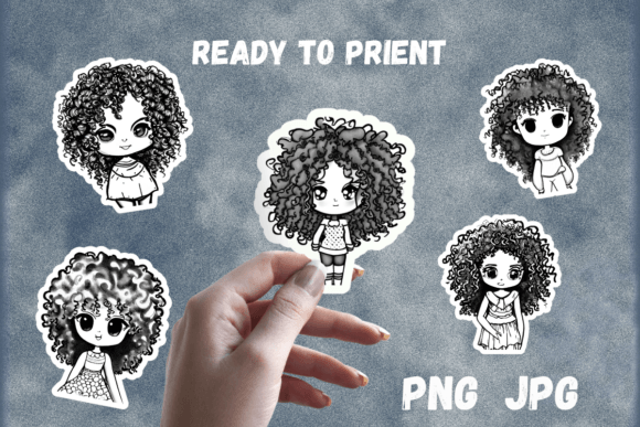 Printable Long Curly Hair Girls Stickers for Creative Projects